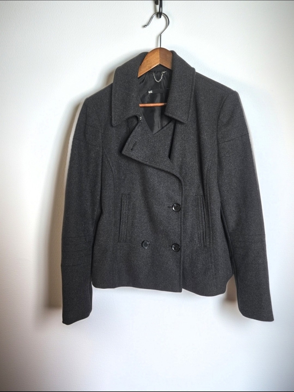 WE Charcoal Gray Wool Blend Double Breasted Cropped Pea Coat Jacket Women Size M